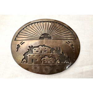 Native American Sterling Silver THOMAS Belt Buckle 54 gr Engraved Village Scene